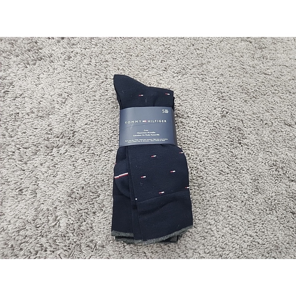 Tommy Hilfiger Crew Socks Mens One Size Navy Logo 5-Pack NEW